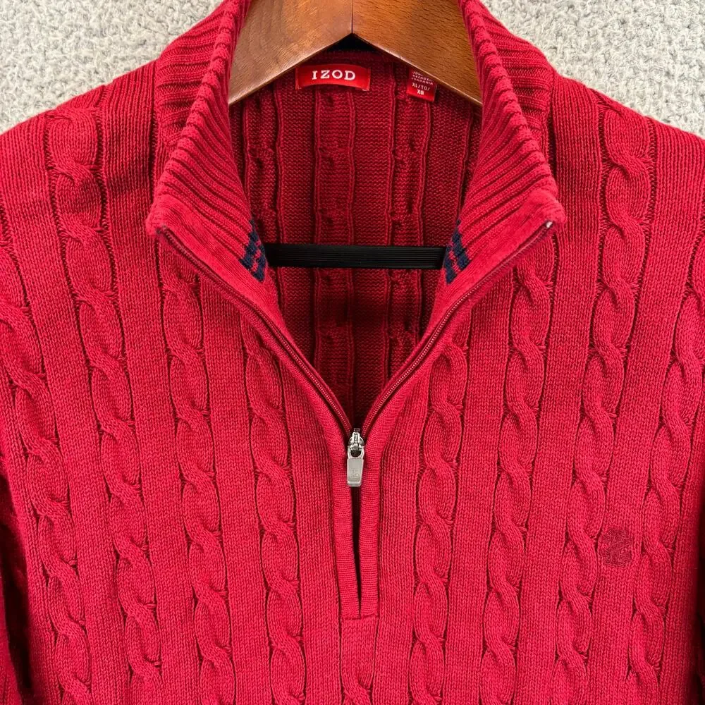 IZOD Cable Knit Sweater Mens XL Red Nautical Prep Grandpa Cotton Jumper 1/4 Zip